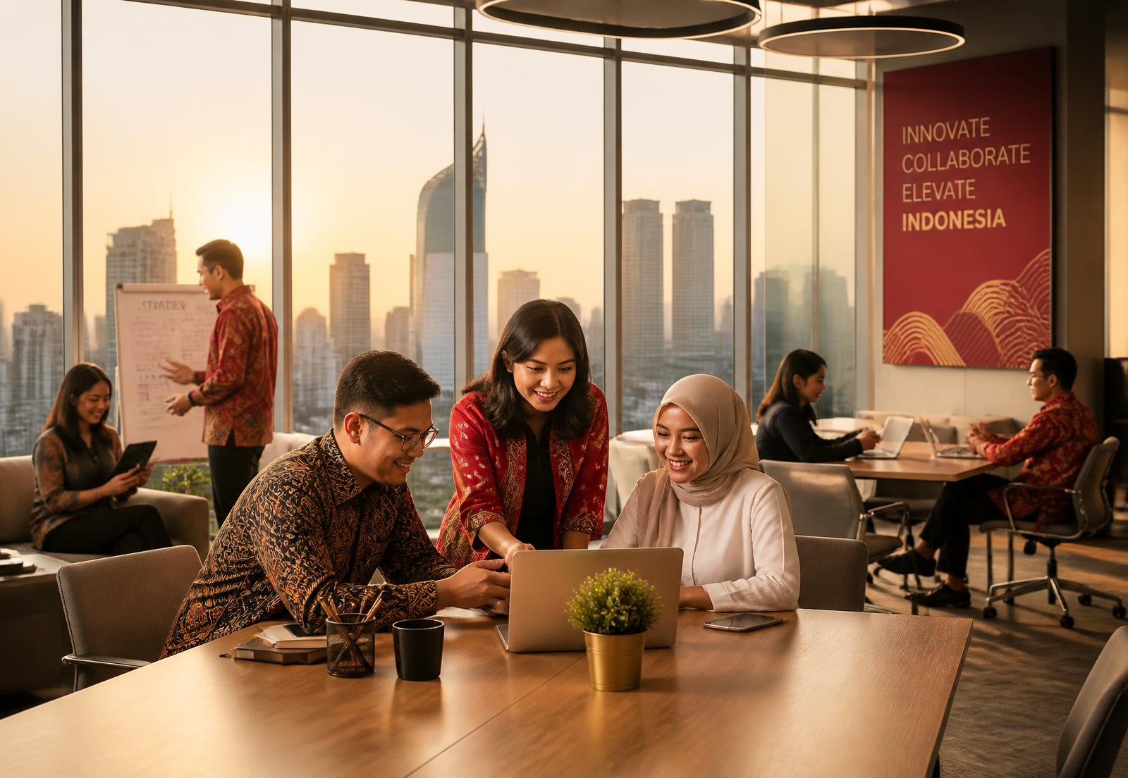 Warga dan pelaku usaha Indonesia bekerja bersama di ruang kerja modern
